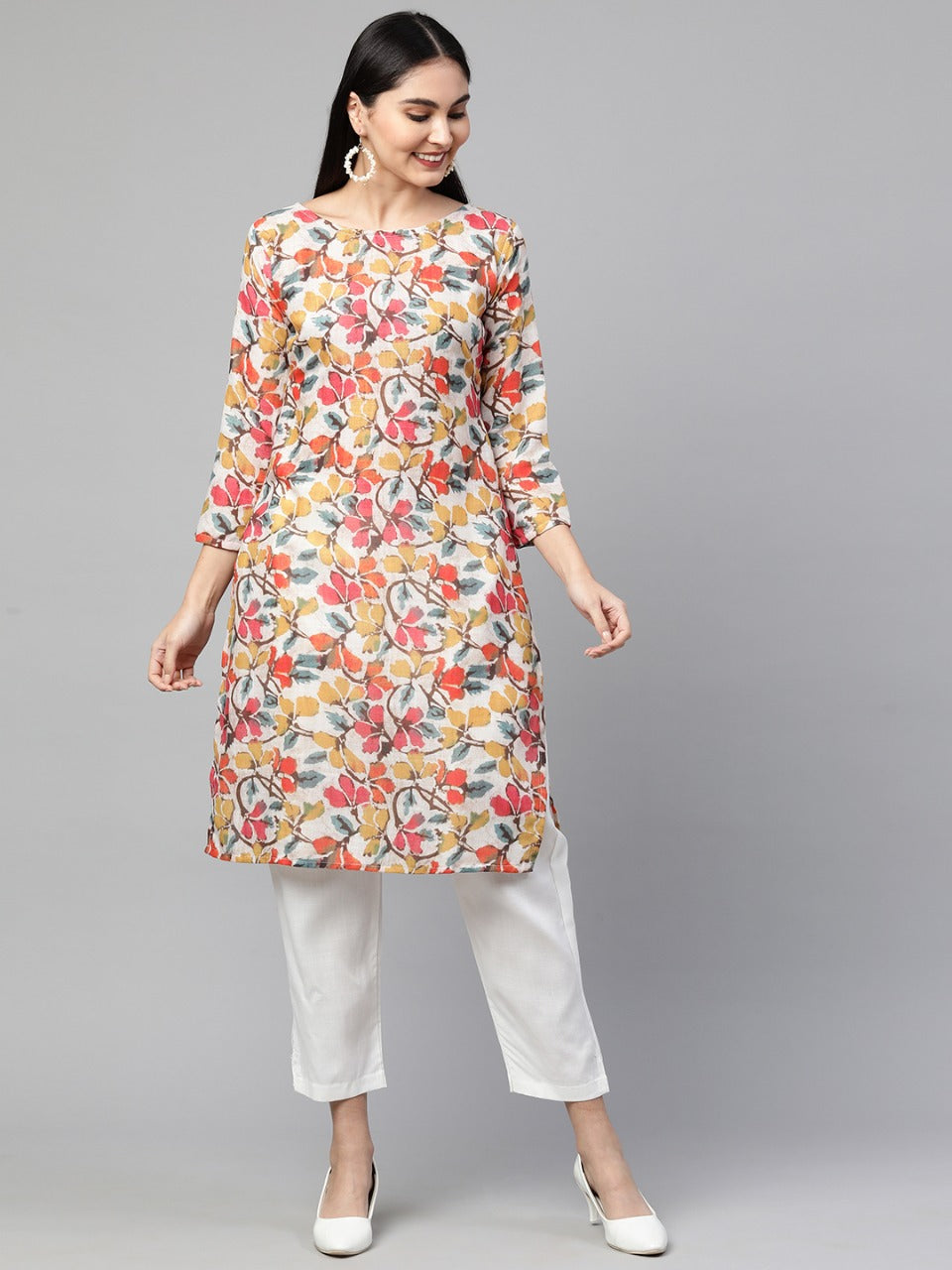 Floral Printed Kurta with Solid Pant – Beige