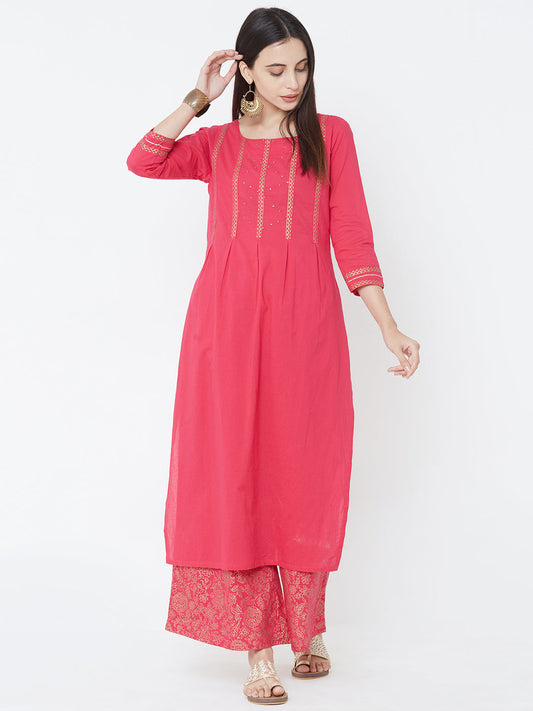 Minimal Foil Printed Kurta with Dense Floral Foil Printed Palazzo - Pink