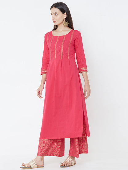 Minimal Foil Printed Kurta with Dense Floral Foil Printed Palazzo - Pink
