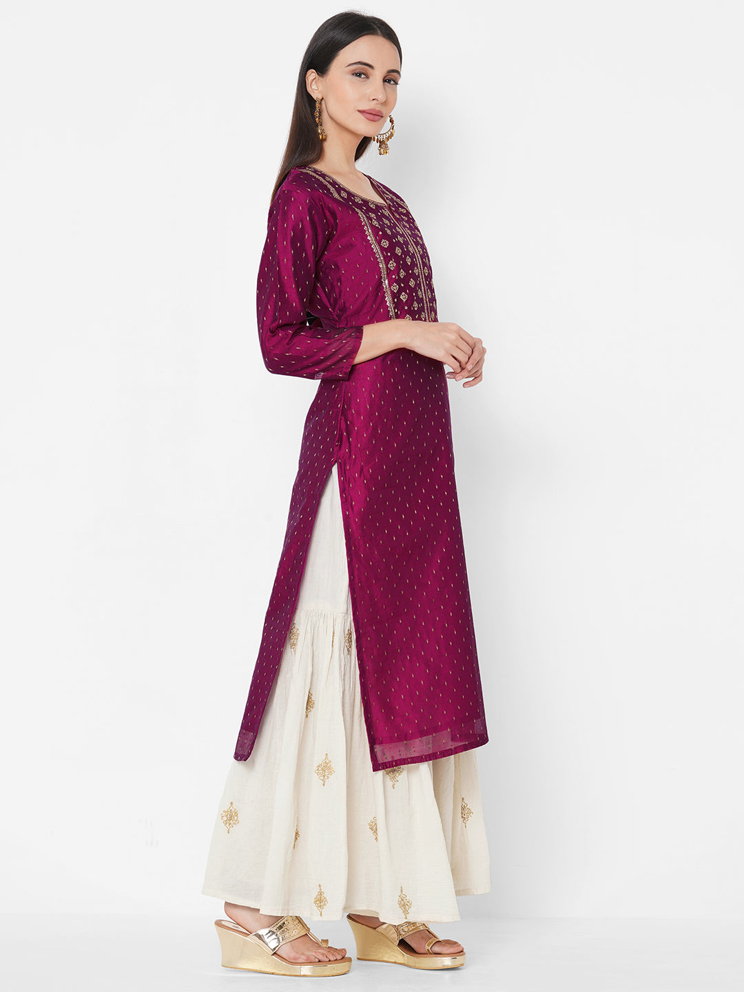 Ethnic Sequin Embellished Straight Kurta - Magenta