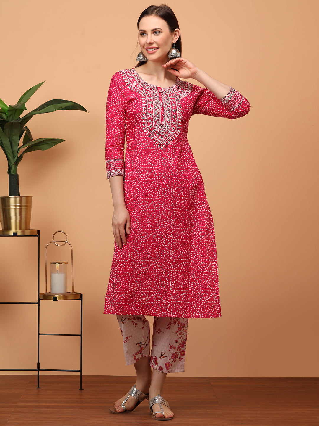 Densely Printed & Zari Embroidered Yoke Kurta with Floral Embroidered Pant - Pink