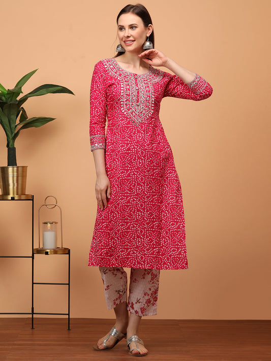 Densely Printed & Zari Embroidered Yoke Kurta with Floral Embroidered Pant - Pink