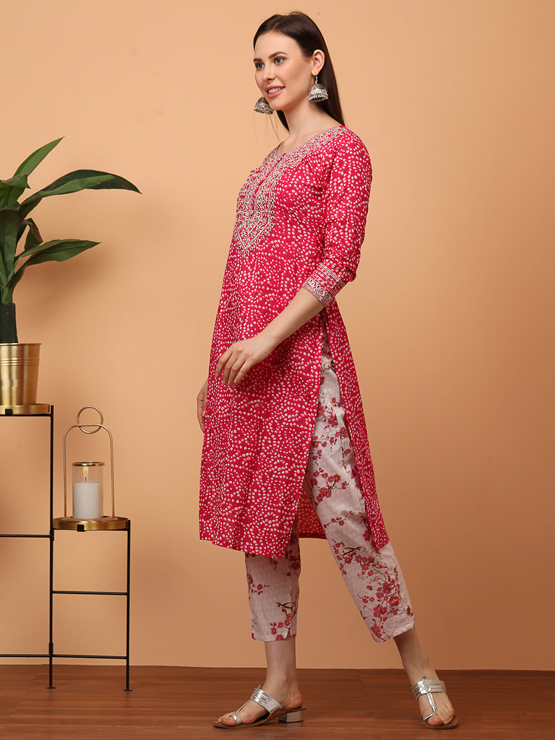 Densely Printed & Zari Embroidered Yoke Kurta with Floral Embroidered Pant - Pink