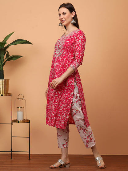 Densely Printed & Zari Embroidered Yoke Kurta with Floral Embroidered Pant - Pink