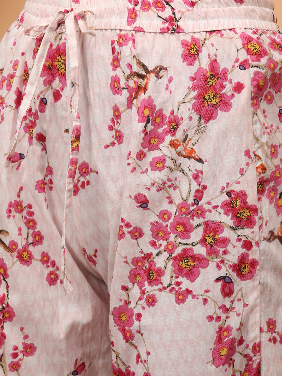 Densely Printed & Zari Embroidered Yoke Kurta with Floral Embroidered Pant - Pink