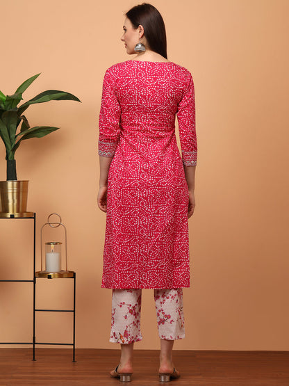 Densely Printed & Zari Embroidered Yoke Kurta with Floral Embroidered Pant - Pink