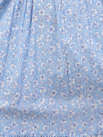 Floral Block Printed & Hand Embroidered Tiered Maxi - Sky Blue