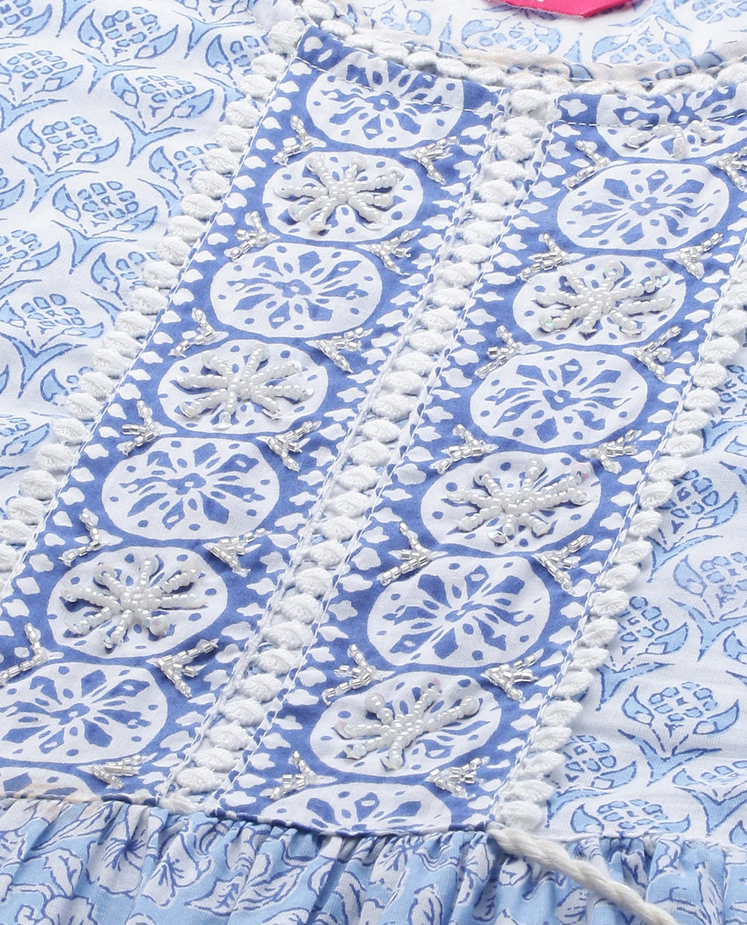 Floral Block Printed & Hand Embroidered Tiered Maxi - Sky Blue