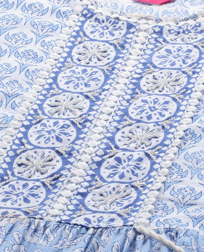 Floral Block Printed & Hand Embroidered Tiered Maxi - Sky Blue
