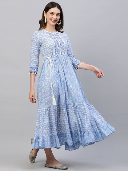 Floral Block Printed & Hand Embroidered Tiered Maxi - Sky Blue