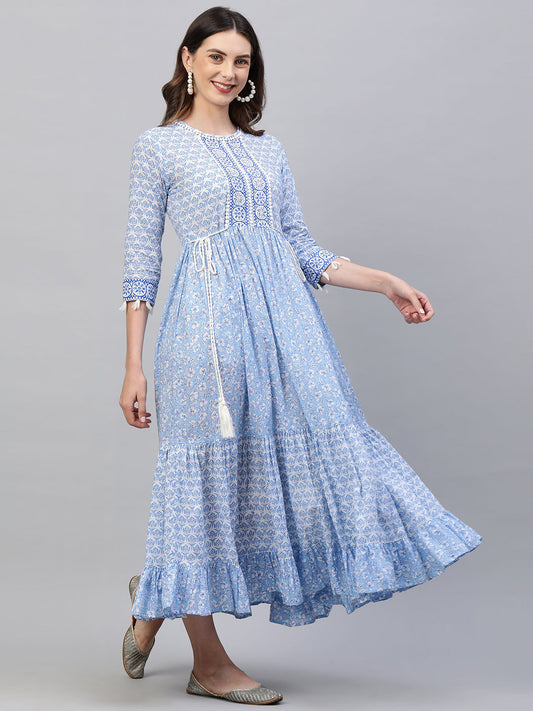 Floral Block Printed & Hand Embroidered Tiered Maxi - Sky Blue