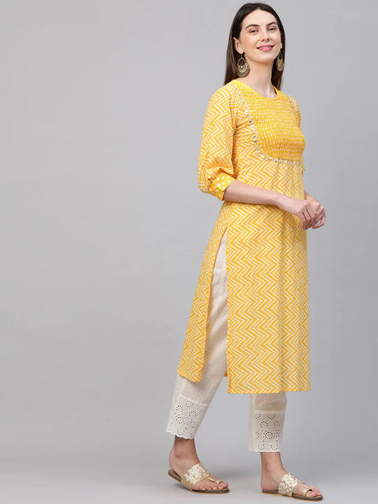 Gota Patti Embroidered & Smocked Bandhani Printed Kurta With Handcrafted Pant - Yellow