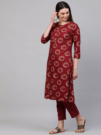 Ethnic Foil Printed Kurta with Lattice Foil Printed Pant - Maroon