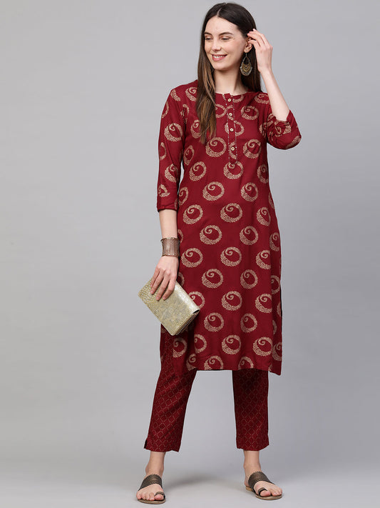 Ethnic Foil Printed Kurta with Lattice Foil Printed Pant - Maroon