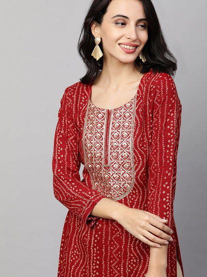 Bandhani Printed & Sequin Embroidered Straight Kurta - Red