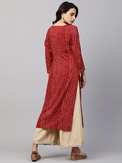 Bandhani Printed & Sequin Embroidered Straight Kurta - Red