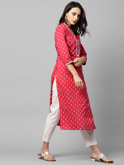 Floral Khari Printed & Embroidered Straight Kurta - Crimson Pink