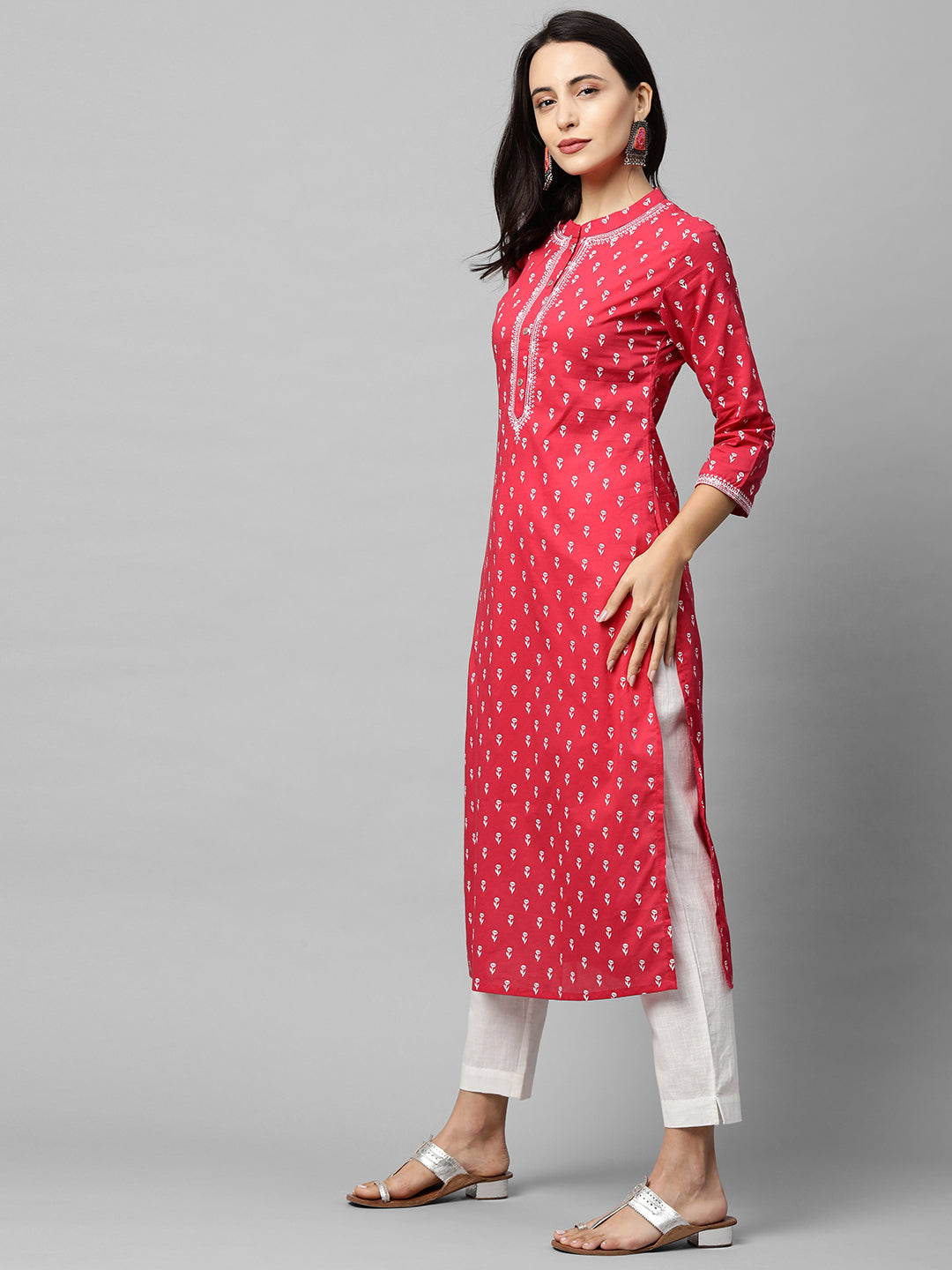 Floral Khari Printed & Embroidered Straight Kurta - Crimson Pink