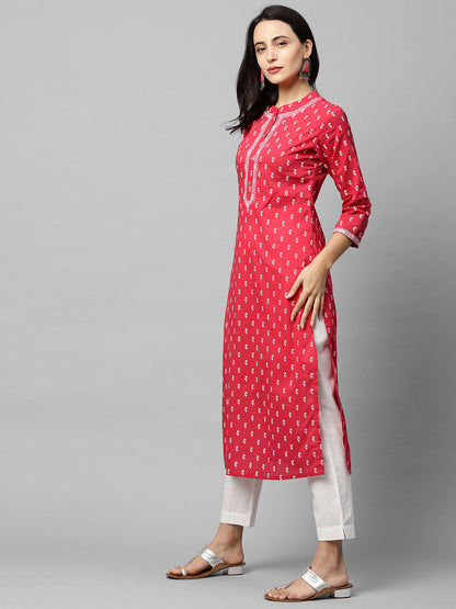 Floral Khari Printed & Embroidered Straight Kurta - Crimson Pink