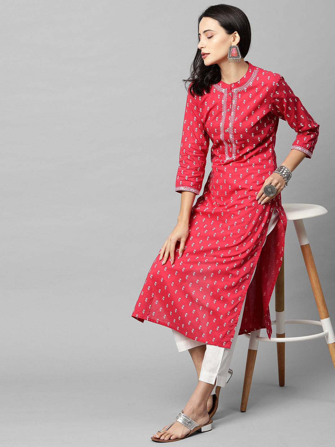 Floral Khari Printed & Embroidered Straight Kurta - Crimson Pink