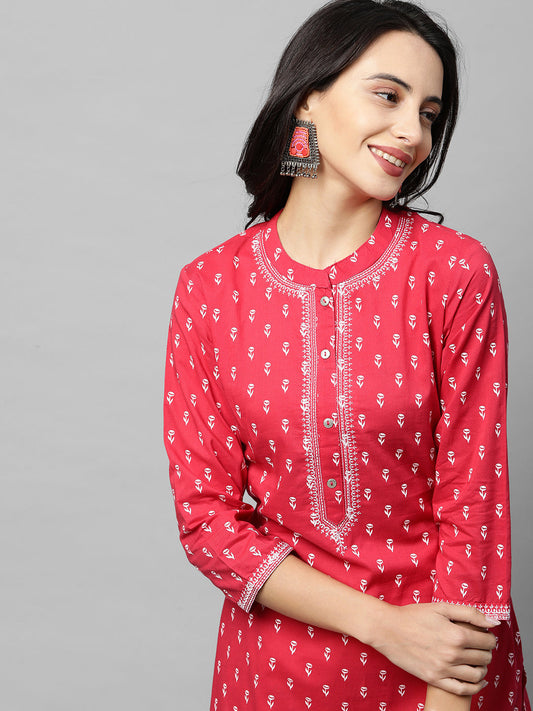 Floral Khari Printed & Embroidered Straight Kurta - Crimson Pink