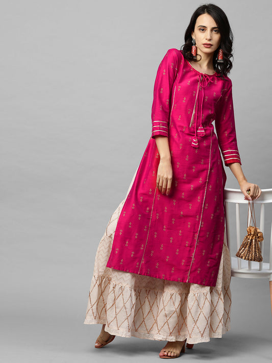 Ethnic Foil Printed & Gota Embroidered Kurta - Magenta Pink