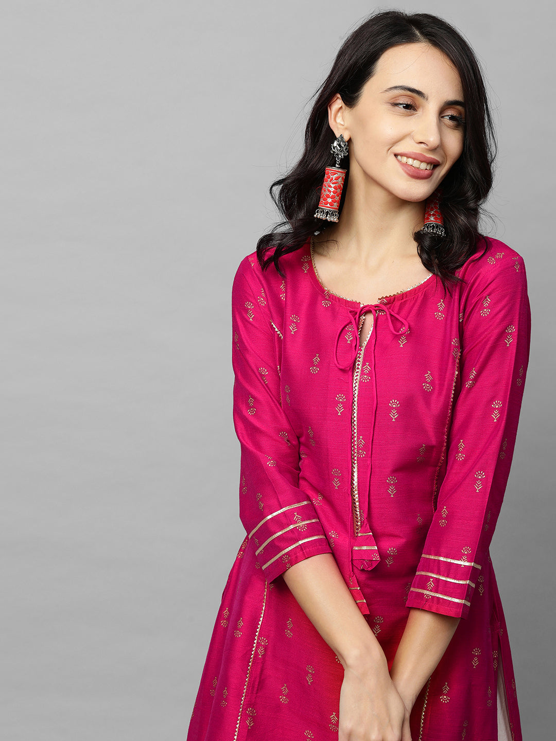 Ethnic Foil Printed & Gota Embroidered Kurta - Magenta Pink