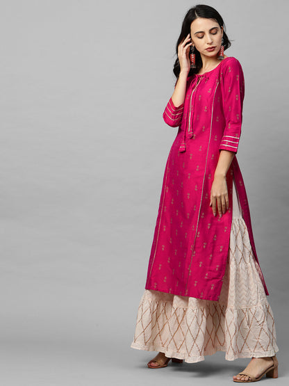Ethnic Foil Printed & Gota Embroidered Kurta - Magenta Pink