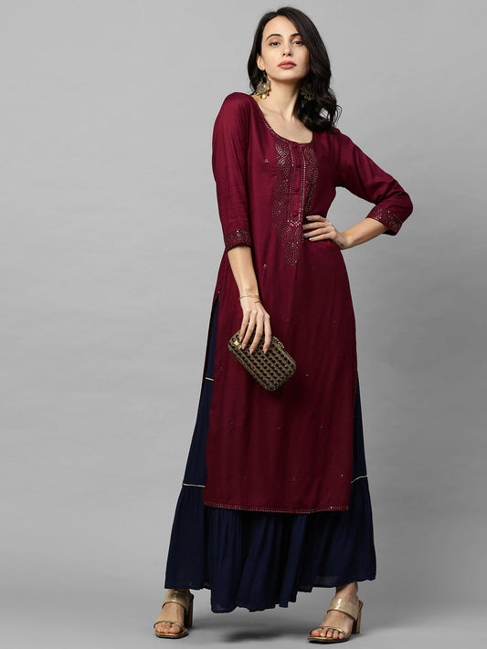 Ethnic Sequins Embroidered Straight Kurta - Burgundy