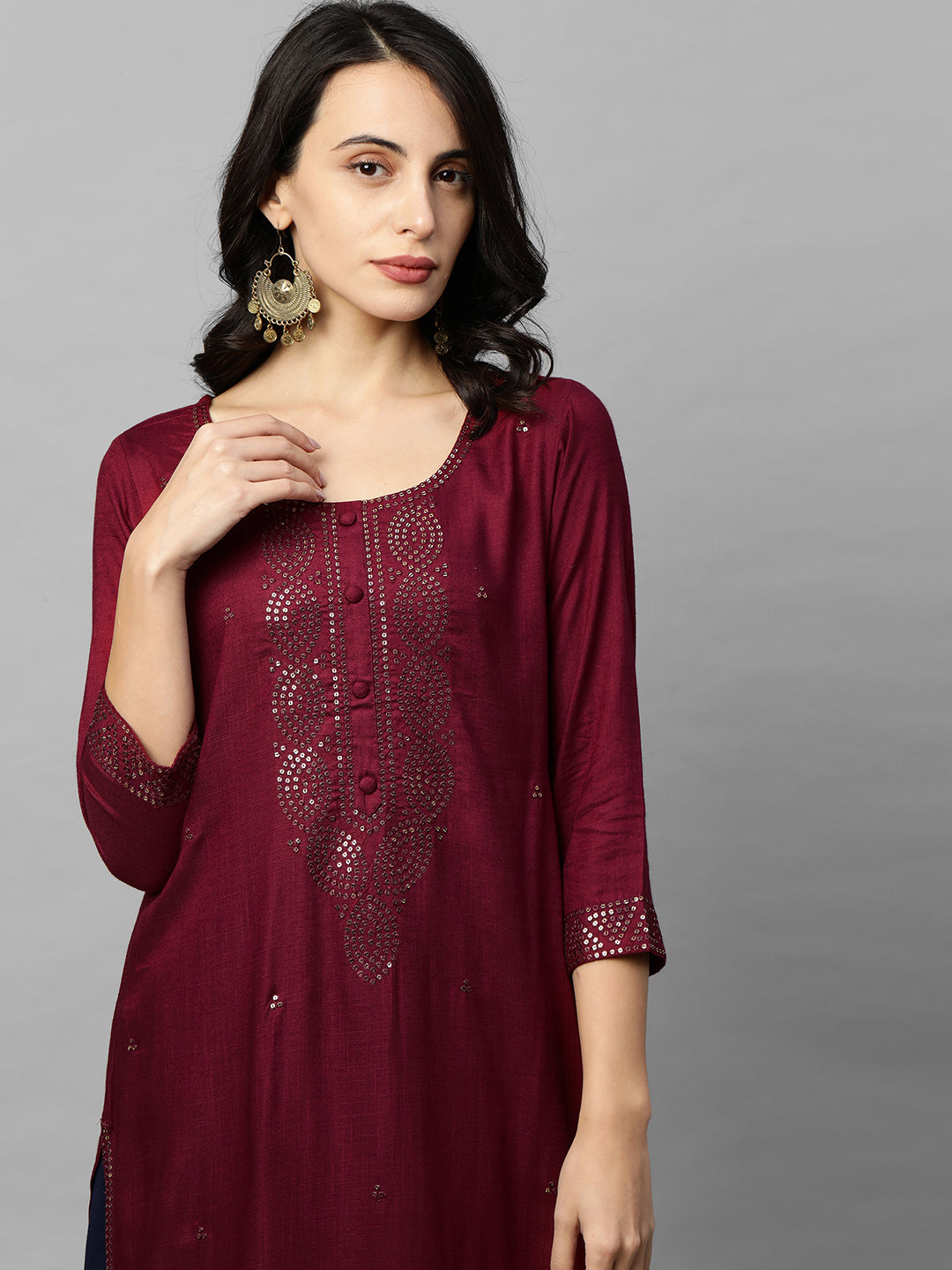 Ethnic Sequins Embroidered Straight Kurta - Burgundy