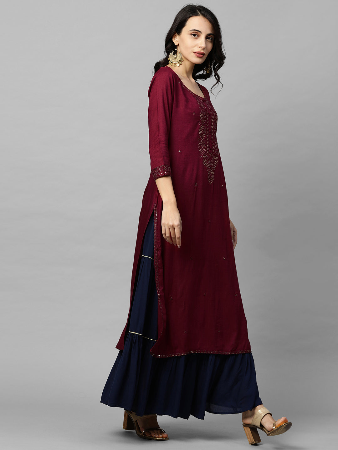 Ethnic Sequins Embroidered Straight Kurta - Burgundy