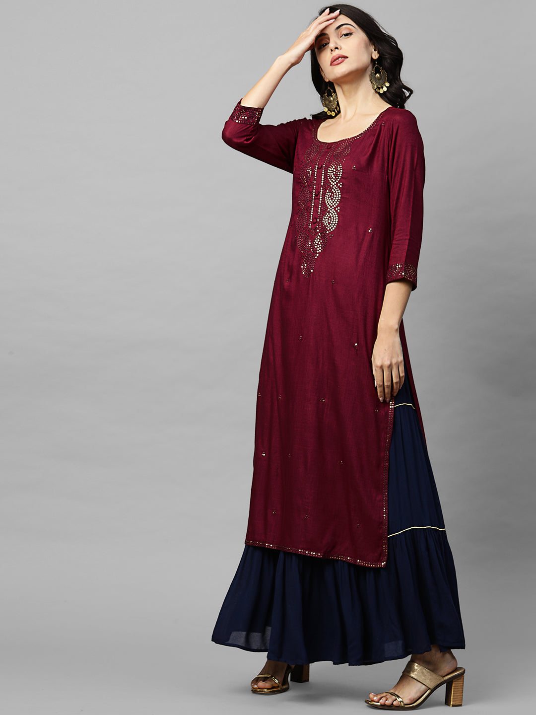 Ethnic Sequins Embroidered Straight Kurta - Burgundy