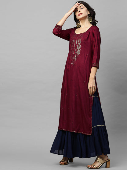 Ethnic Sequins Embroidered Straight Kurta - Burgundy