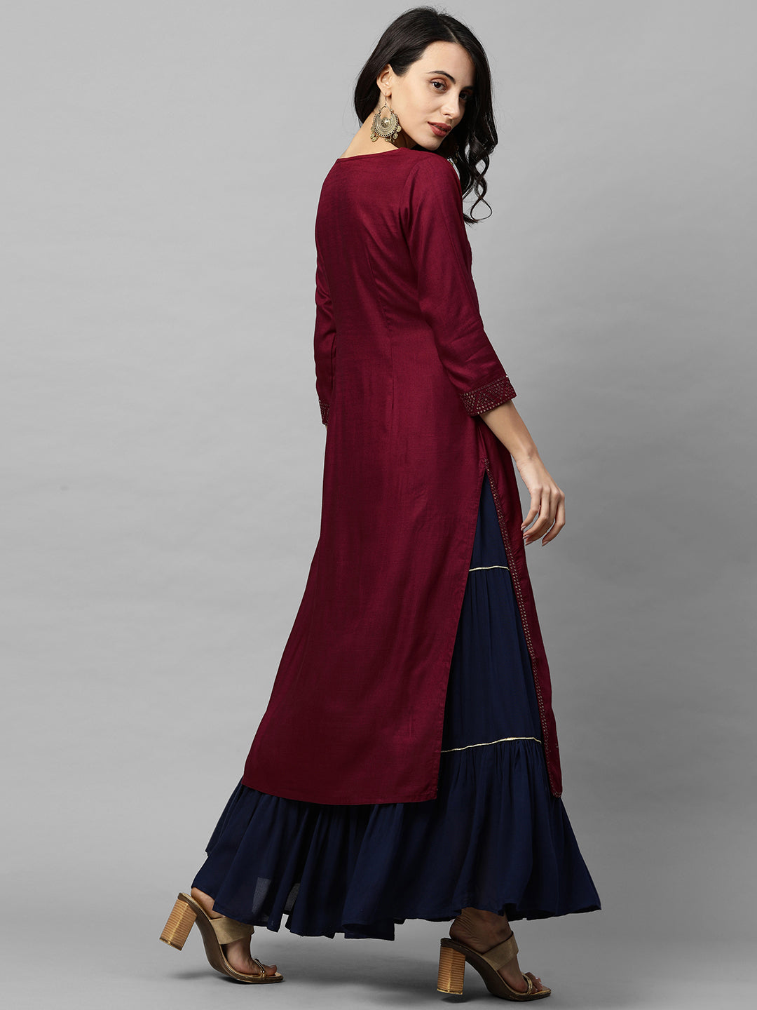 Ethnic Sequins Embroidered Straight Kurta - Burgundy