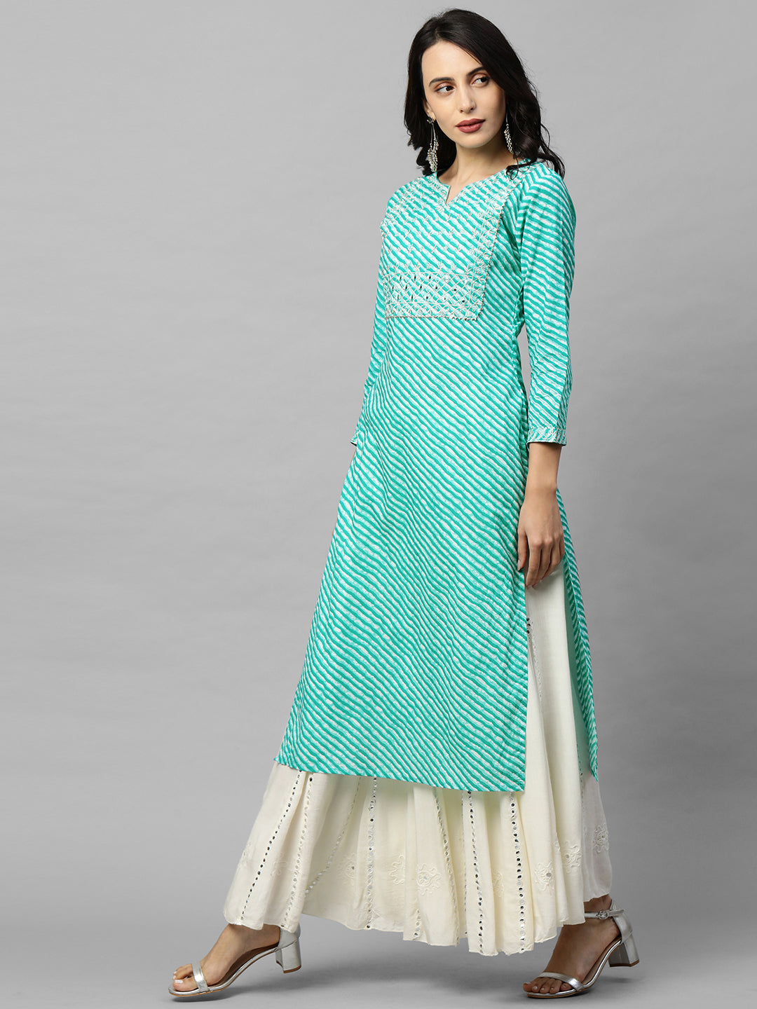 Leheriya Printed & Zari Embroidered Straight Kurta - Sea Green