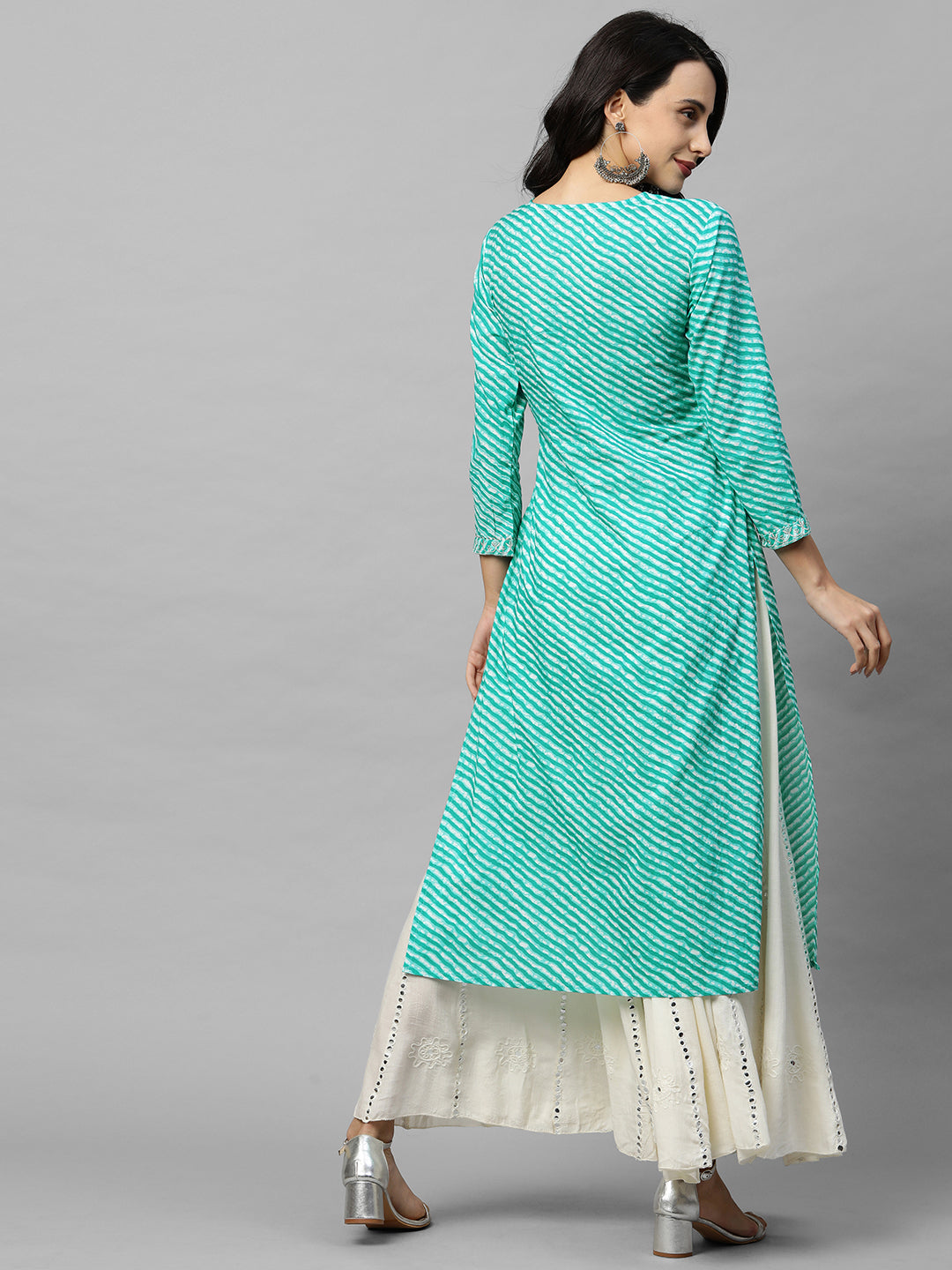 Leheriya Printed & Zari Embroidered Straight Kurta - Sea Green