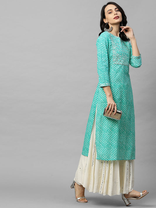 Leheriya Printed & Zari Embroidered Straight Kurta - Sea Green