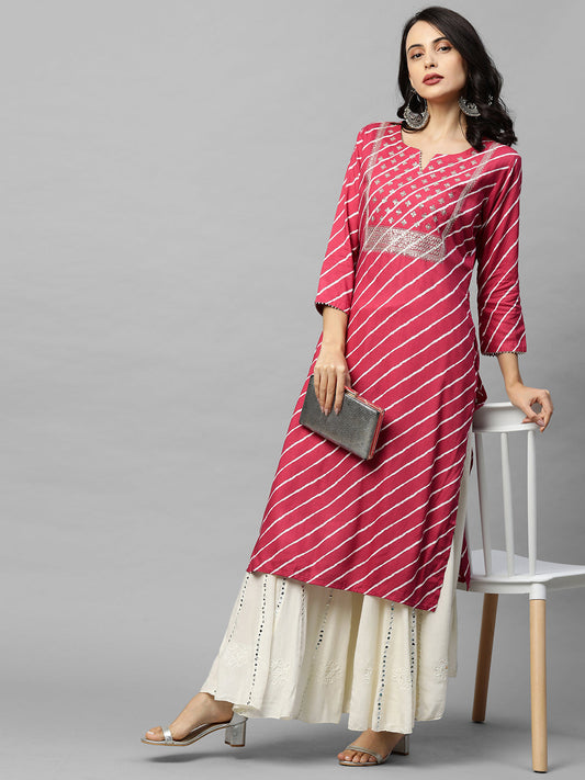 Leheriya Printed & Zari Embroidered Straight Kurta - Pink
