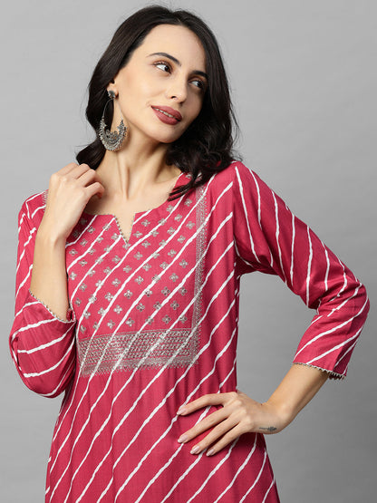 Leheriya Printed & Zari Embroidered Straight Kurta - Pink