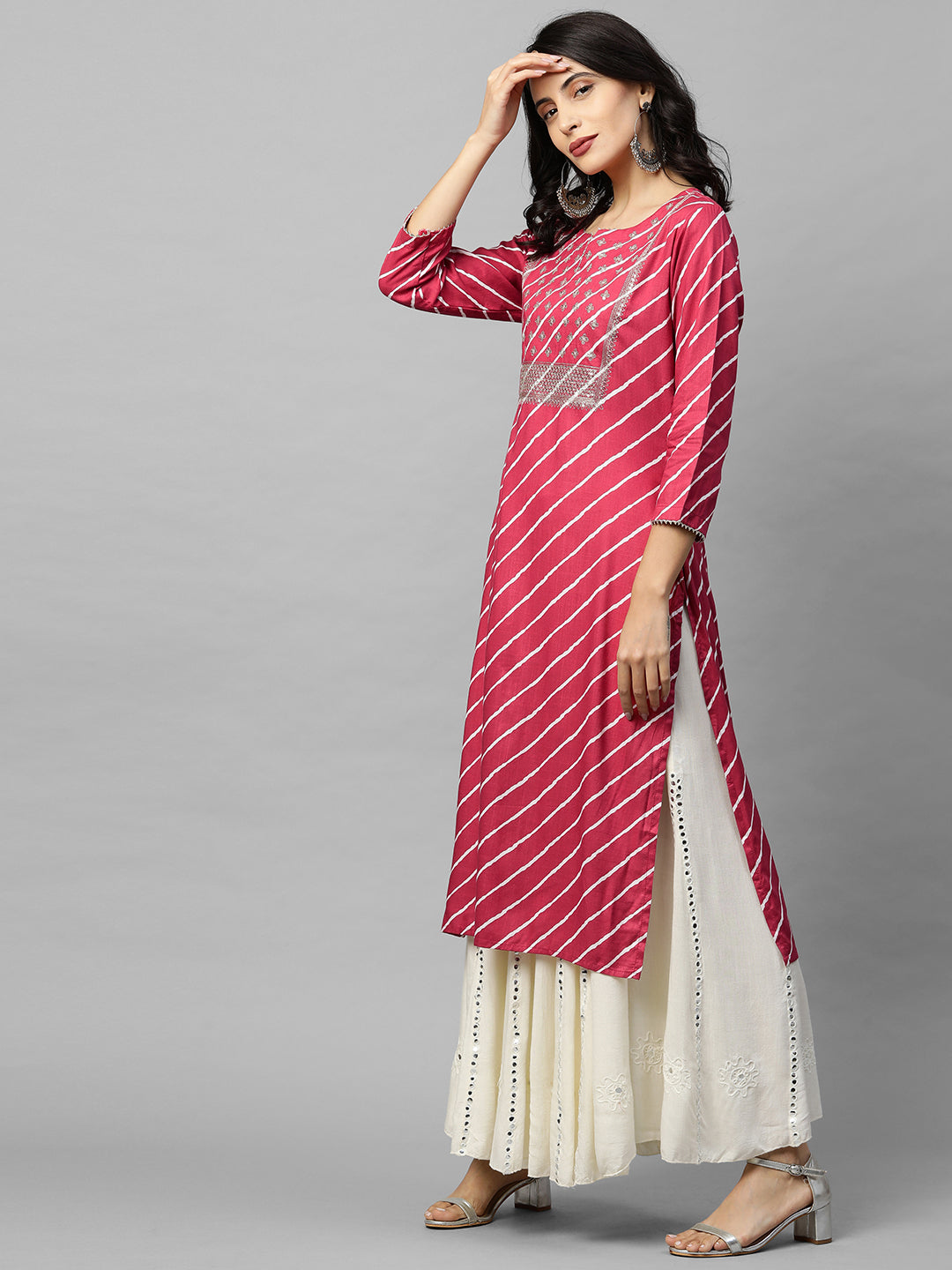 Leheriya Printed & Zari Embroidered Straight Kurta - Pink