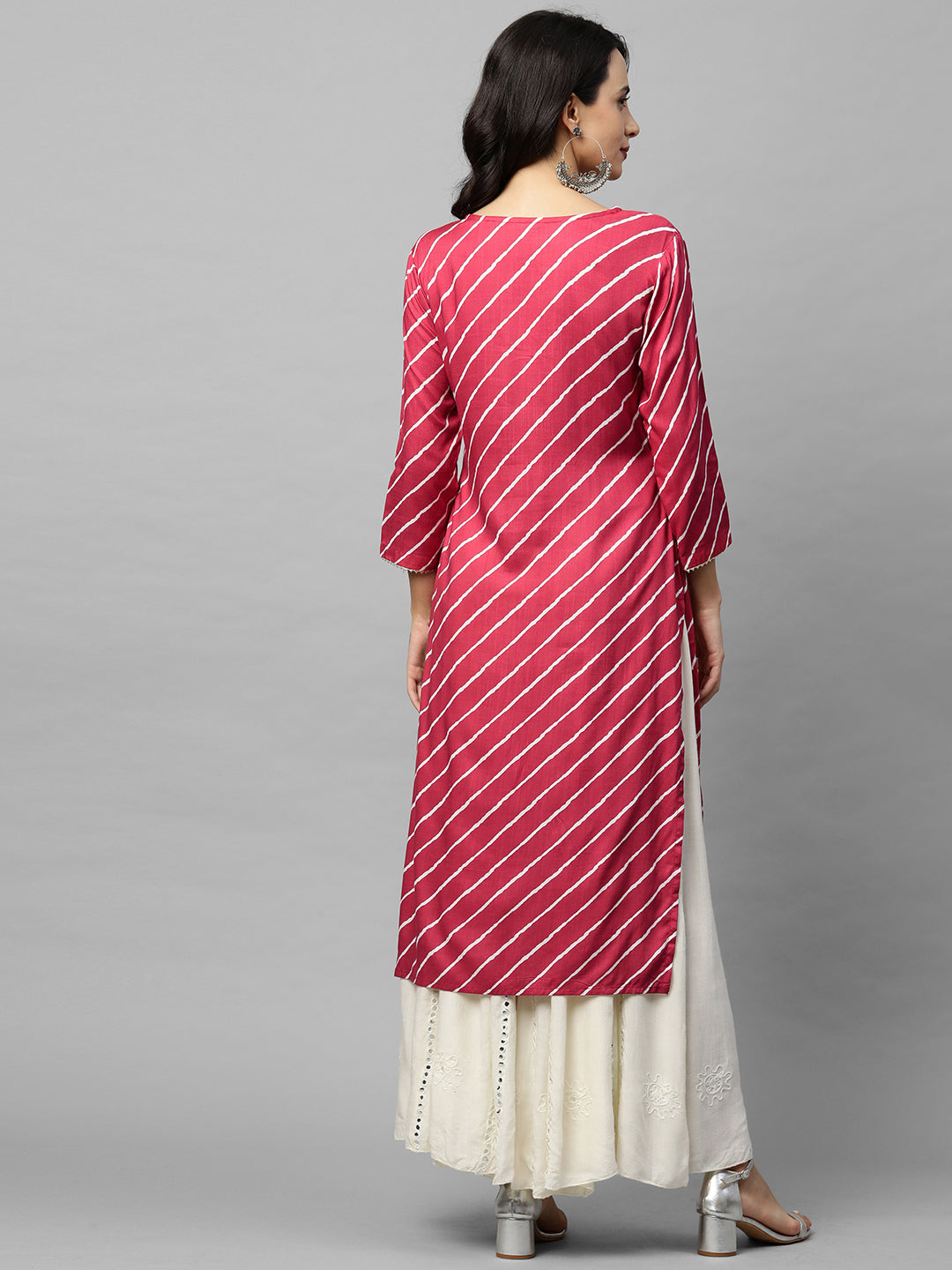 Leheriya Printed & Zari Embroidered Straight Kurta - Pink