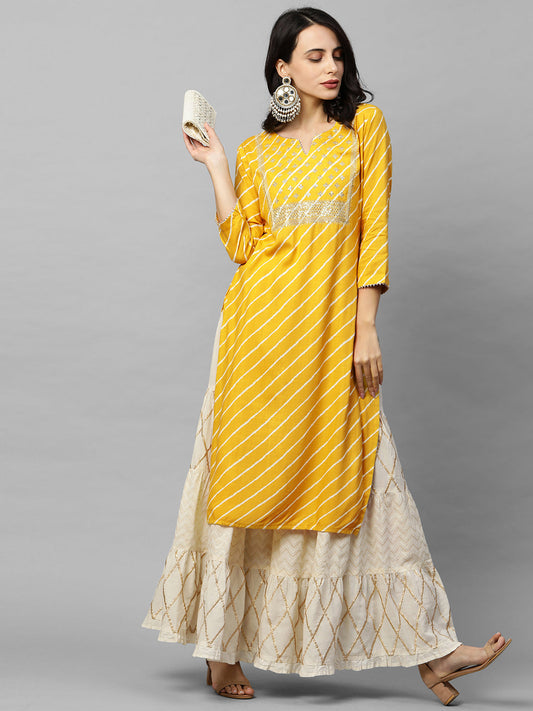 Leheriya Printed & Zari Embroidered Straight Kurta - Yellow