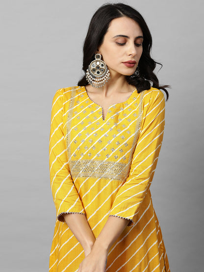 Leheriya Printed & Zari Embroidered Straight Kurta - Yellow