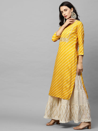 Leheriya Printed & Zari Embroidered Straight Kurta - Yellow
