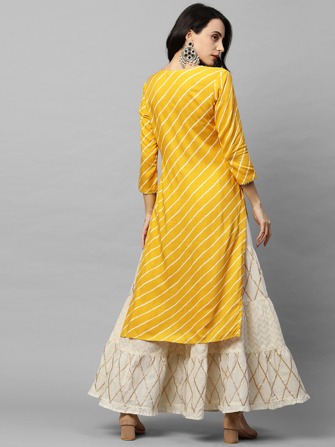 Leheriya Printed & Zari Embroidered Straight Kurta - Yellow