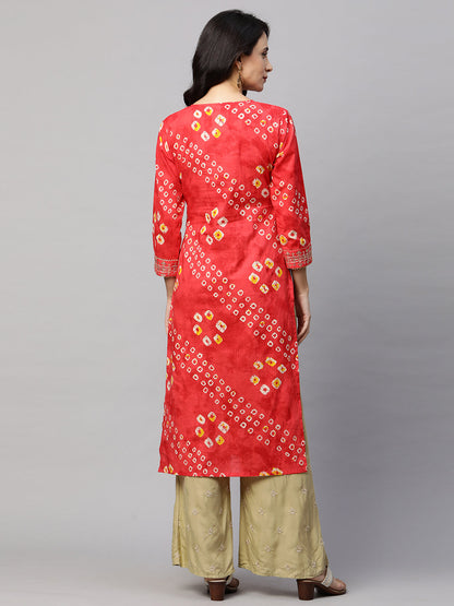 Bandhani Print & Sequins Embroidered Straight Kurta - Red