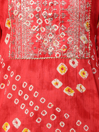 Bandhani Print & Sequins Embroidered Straight Kurta - Red