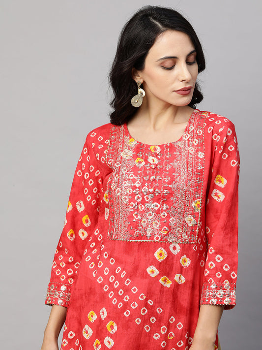Bandhani Print & Sequins Embroidered Straight Kurta - Red