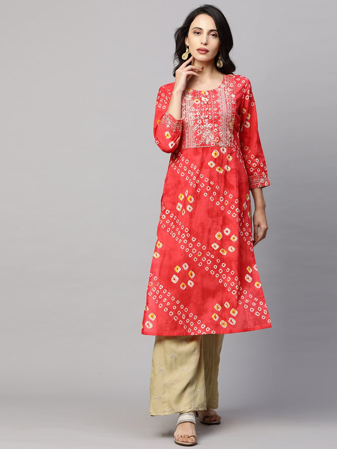 Bandhani Print & Sequins Embroidered Straight Kurta - Red