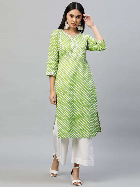 Leheriya Printed & Embroidered Straight Kurta - Green